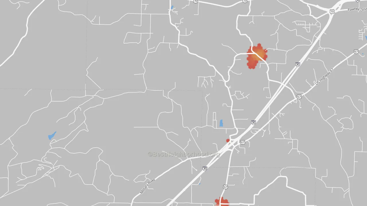 Walk Grade map of Glen Rose, AR, walkable areas in green and car-dependent areas in red