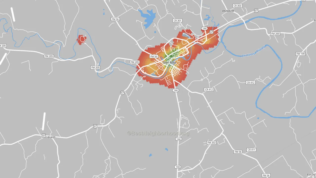 Walk Grade map of Glen Rose, TX, walkable areas in green and car-dependent areas in red