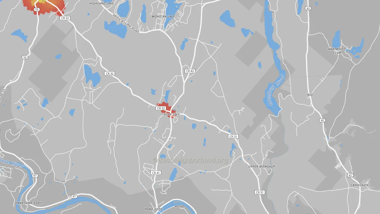 Walk Grade map of Glen Spey, NY, walkable areas in green and car-dependent areas in red
