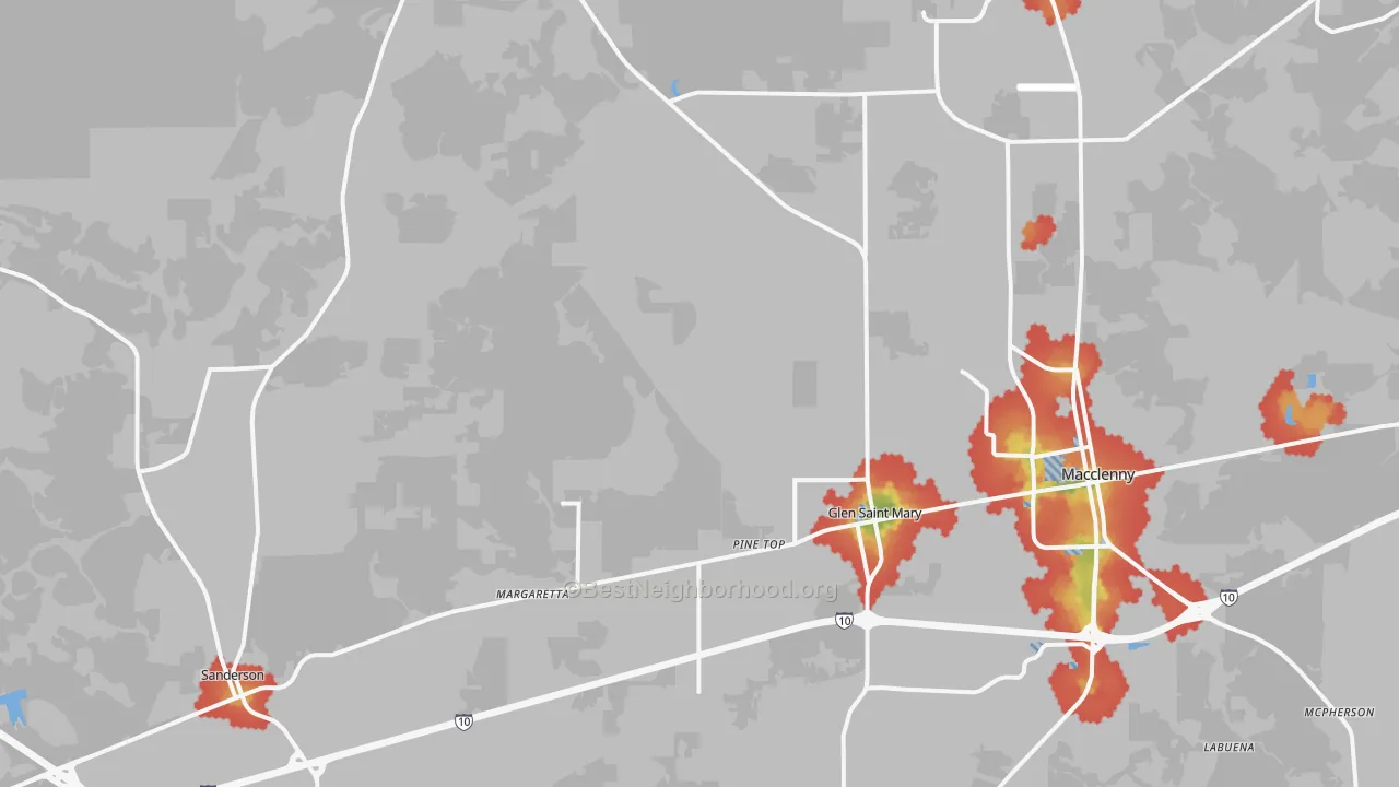 Walk Grade map of Glen St. Mary, FL, walkable areas in green and car-dependent areas in red