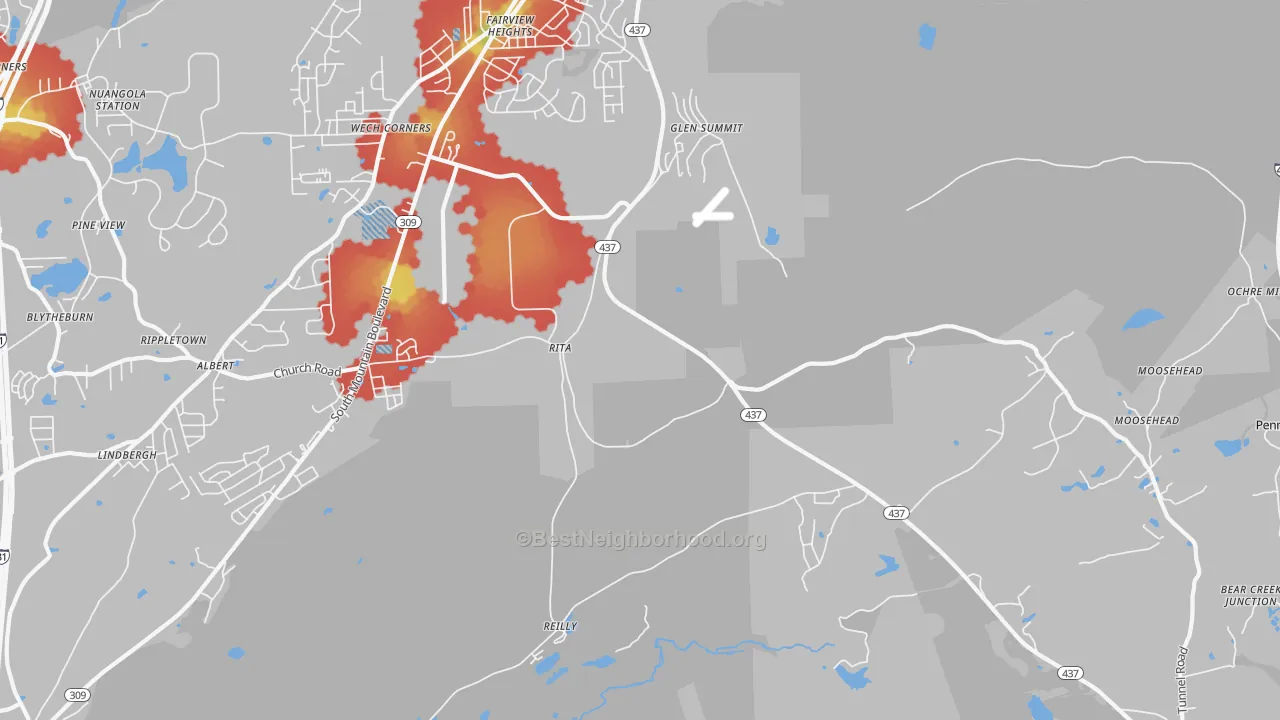 Walk Grade map of Glen Summit, PA, walkable areas in green and car-dependent areas in red