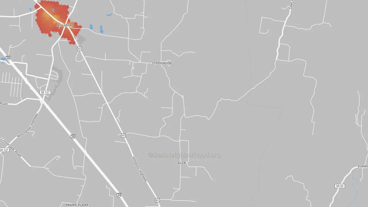 Walk Grade map of Glen, TN, walkable areas in green and car-dependent areas in red