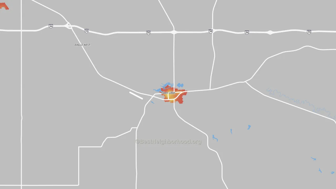 Walk Grade map of Glen Ullin, ND, walkable areas in green and car-dependent areas in red