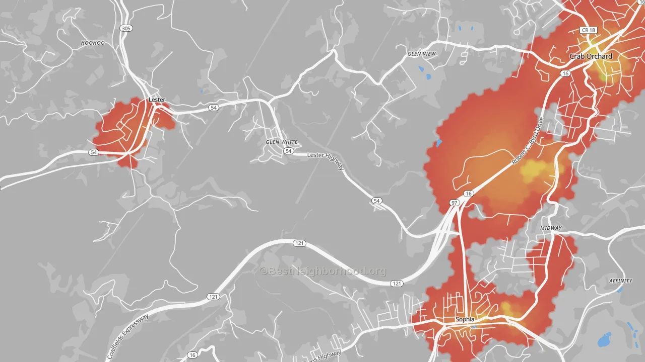 Walk Grade map of Glen White, WV, walkable areas in green and car-dependent areas in red