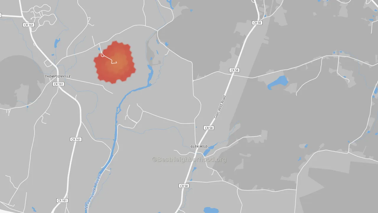 Walk Grade map of Glen Wild, NY, walkable areas in green and car-dependent areas in red