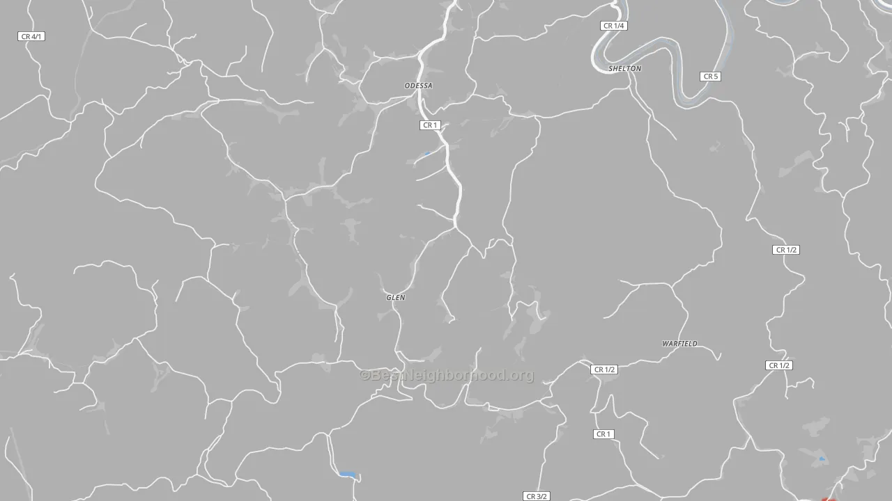 Walk Grade map of Glen, WV, walkable areas in green and car-dependent areas in red