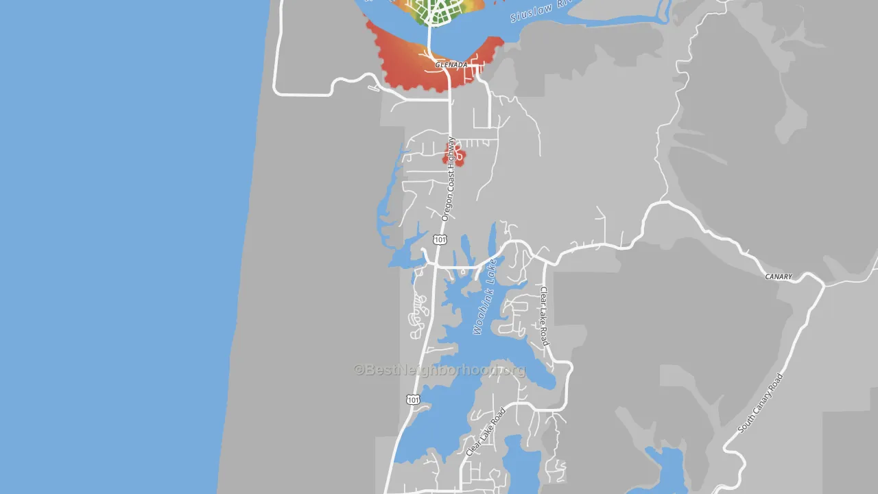 Walk Grade map of Glenada, OR, walkable areas in green and car-dependent areas in red