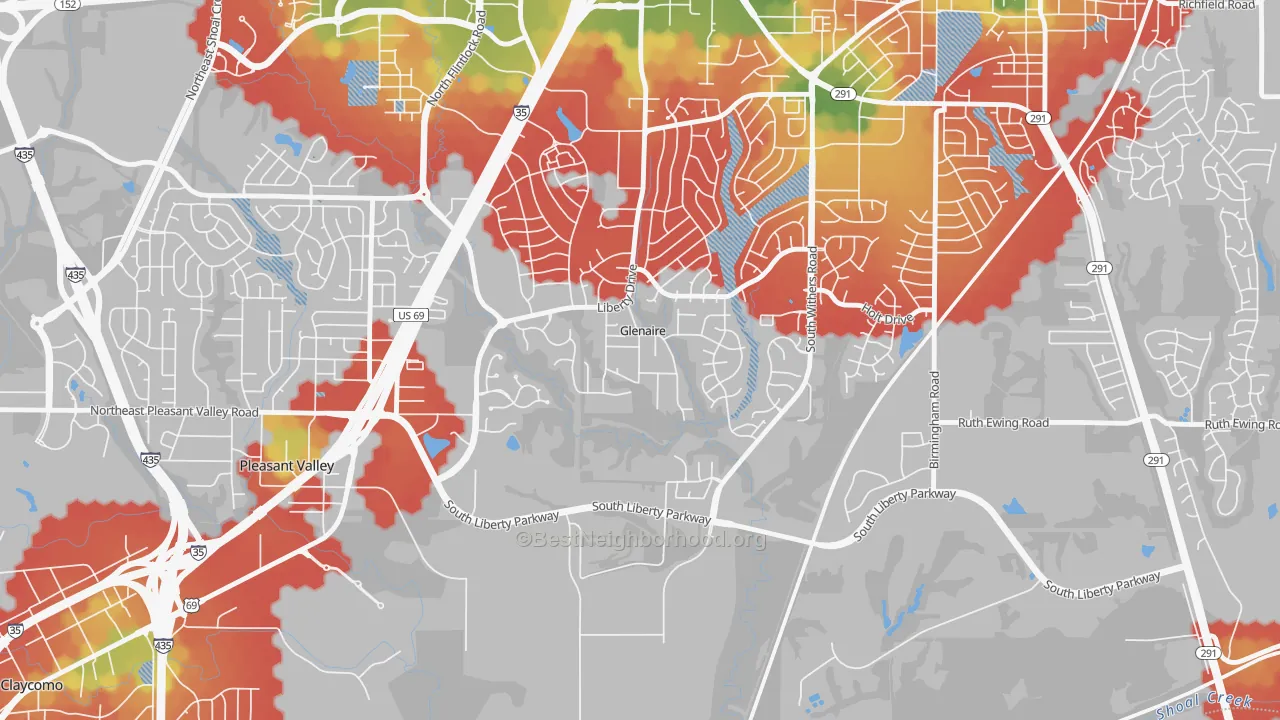 Walk Grade map of Glenaire, MO, walkable areas in green and car-dependent areas in red