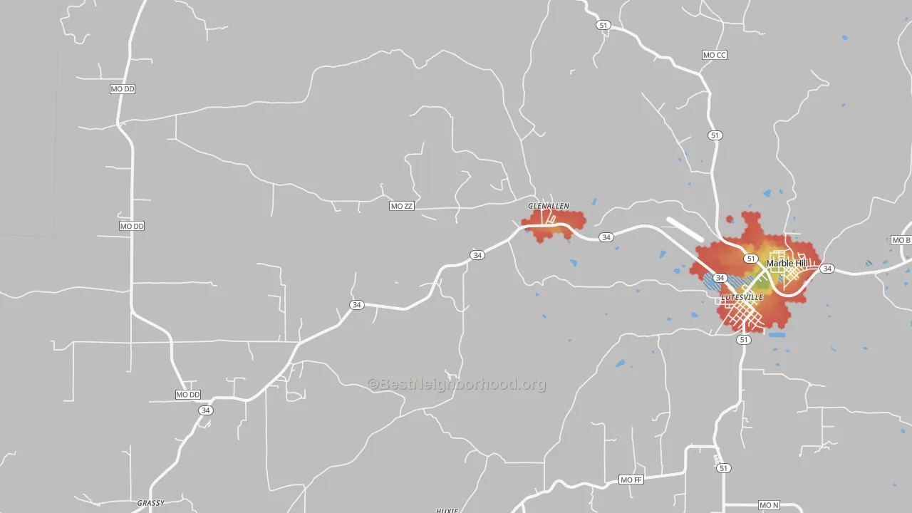 Walk Grade map of Glenallen, MO, walkable areas in green and car-dependent areas in red