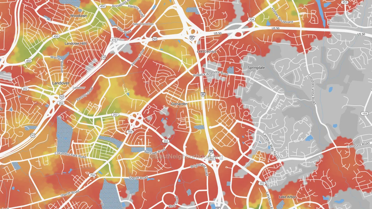 Walk Grade map of Glenarden, MD, walkable areas in green and car-dependent areas in red