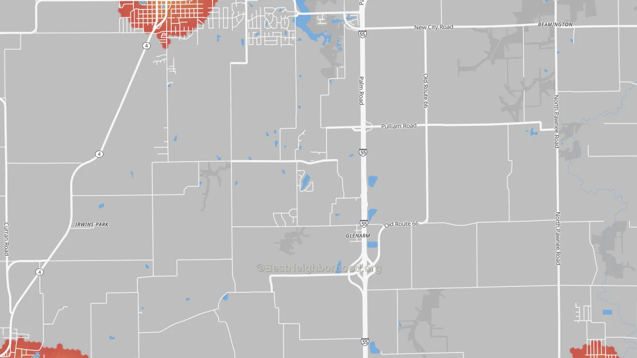 Walk Grade map of Glenarm, IL, walkable areas in green and car-dependent areas in red