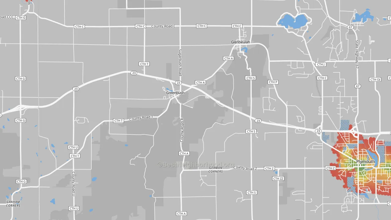 Walk Grade map of Glenbeulah, WI, walkable areas in green and car-dependent areas in red