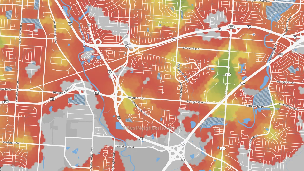Walk Grade map of Glenbrook, Columbus, OH, walkable areas in green and car-dependent areas in red