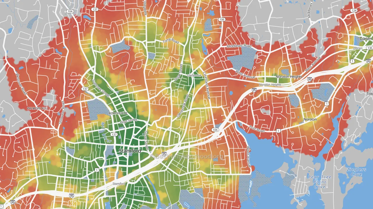 Walk Grade map of Glenbrook, Stamford, CT, walkable areas in green and car-dependent areas in red