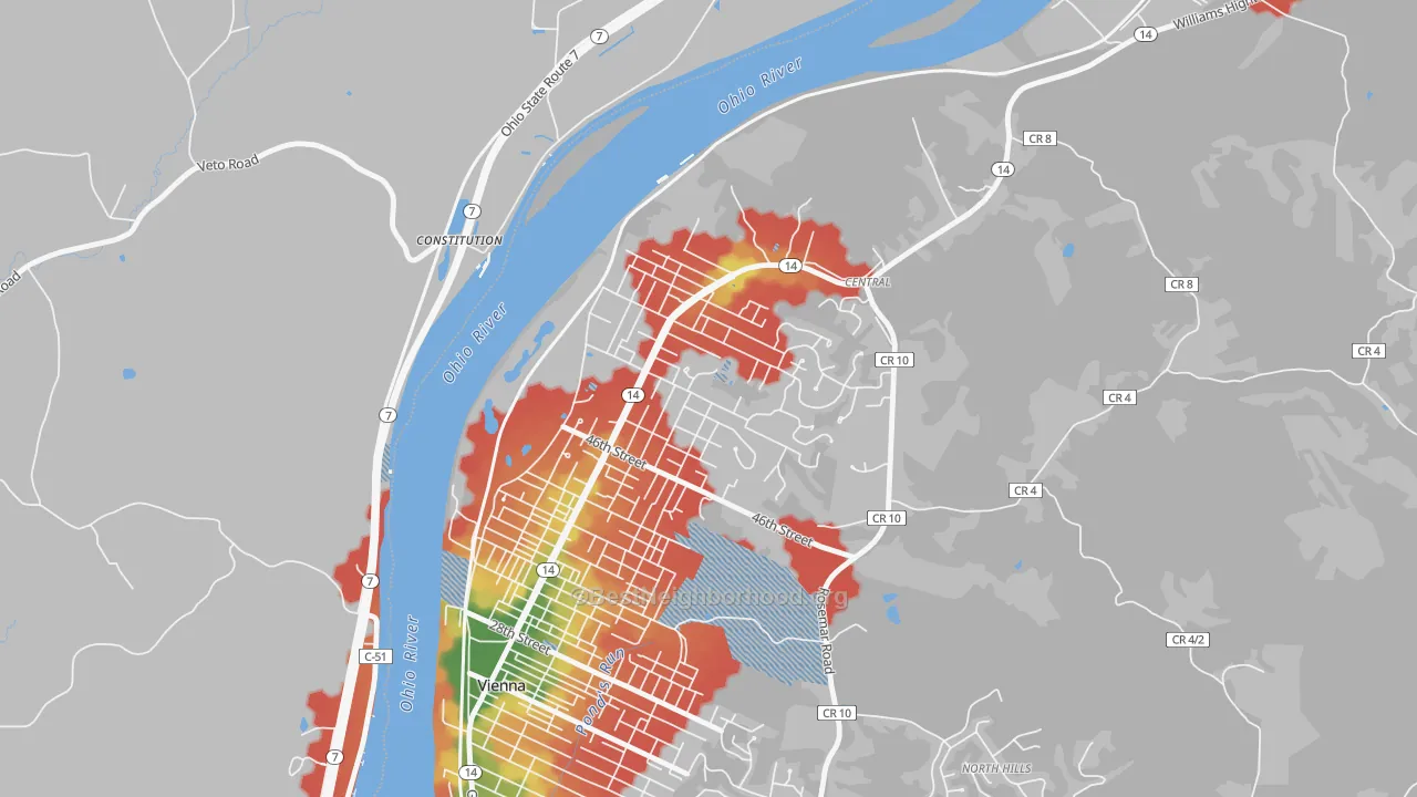 Walk Grade map of Glenbrook, Vienna, WV, walkable areas in green and car-dependent areas in red