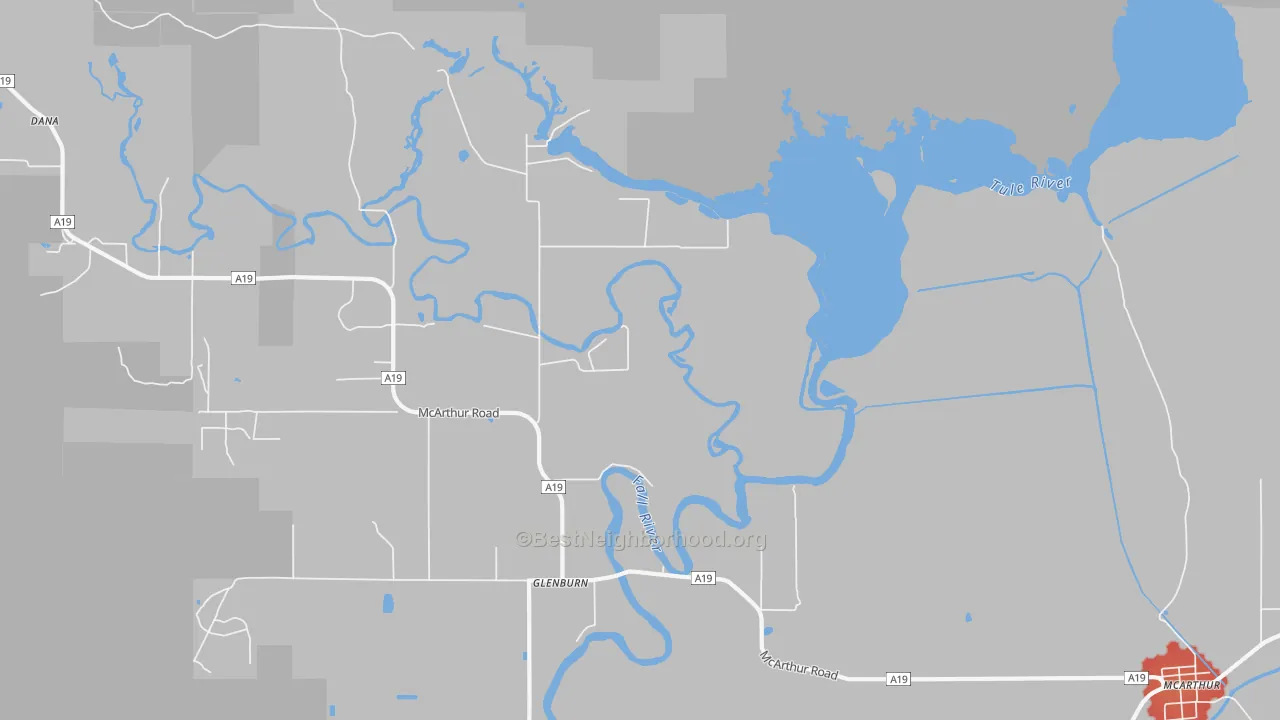 Walk Grade map of Glenburn, CA, walkable areas in green and car-dependent areas in red