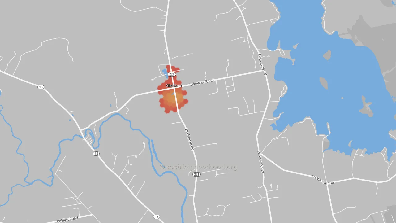 Walk Grade map of Glenburn Center, ME, walkable areas in green and car-dependent areas in red
