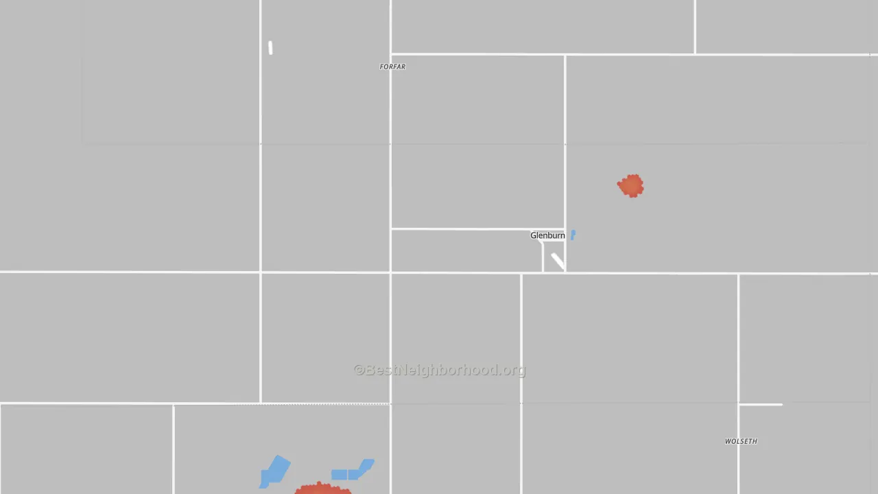 Walk Grade map of Glenburn, ND, walkable areas in green and car-dependent areas in red
