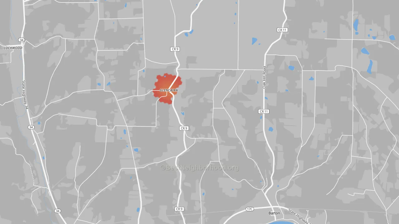 Walk Grade map of Glencairn, NY, walkable areas in green and car-dependent areas in red