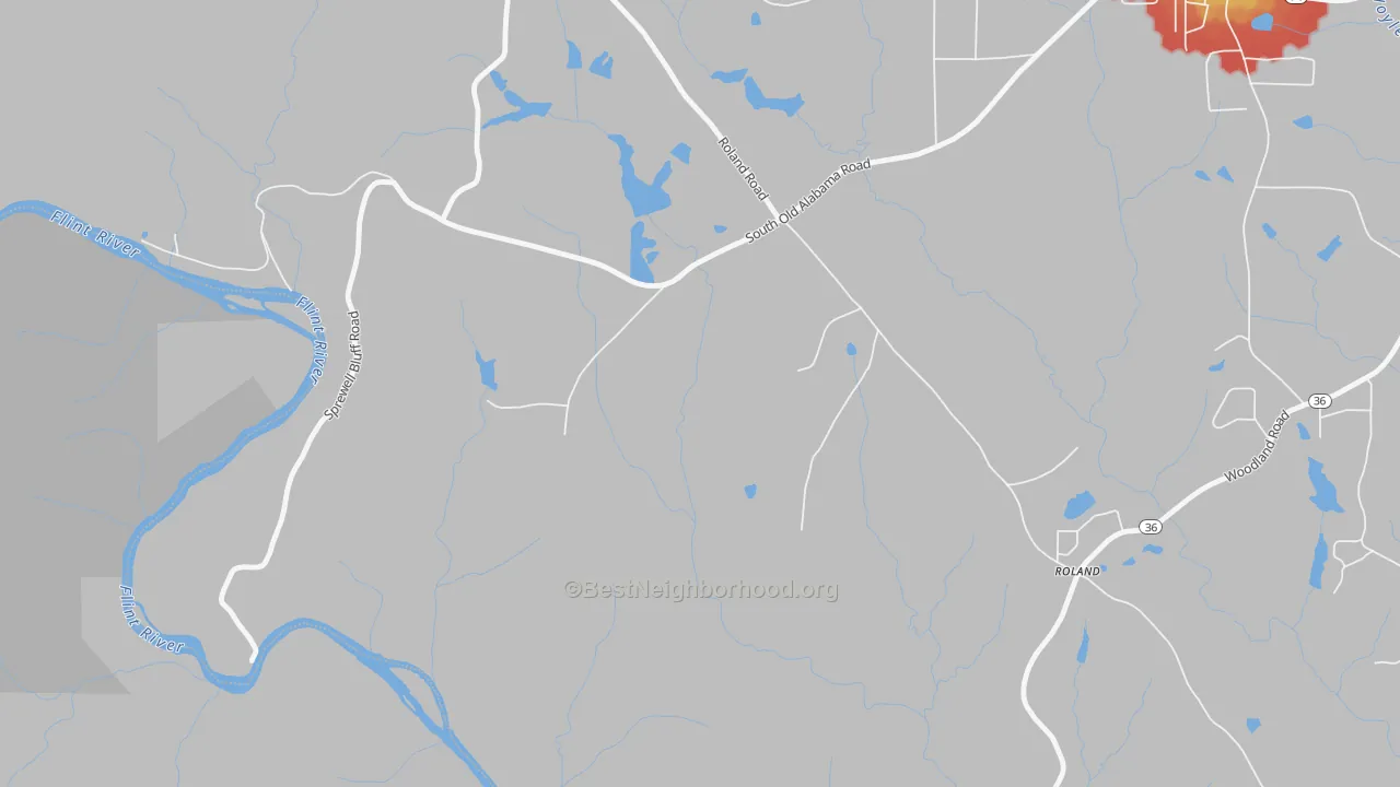 Walk Grade map of Glencliff, GA, walkable areas in green and car-dependent areas in red