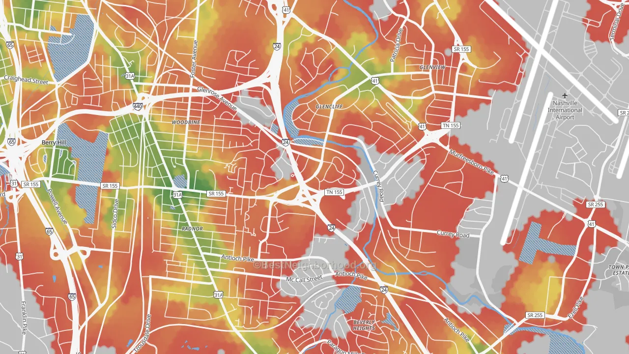 Walk Grade map of Glencliff, Nashville, TN, walkable areas in green and car-dependent areas in red