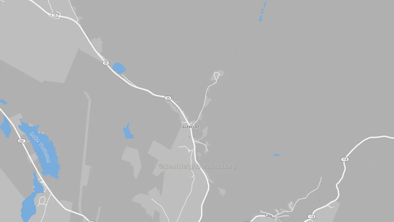 Walk Grade map of Glencliff, NH, walkable areas in green and car-dependent areas in red