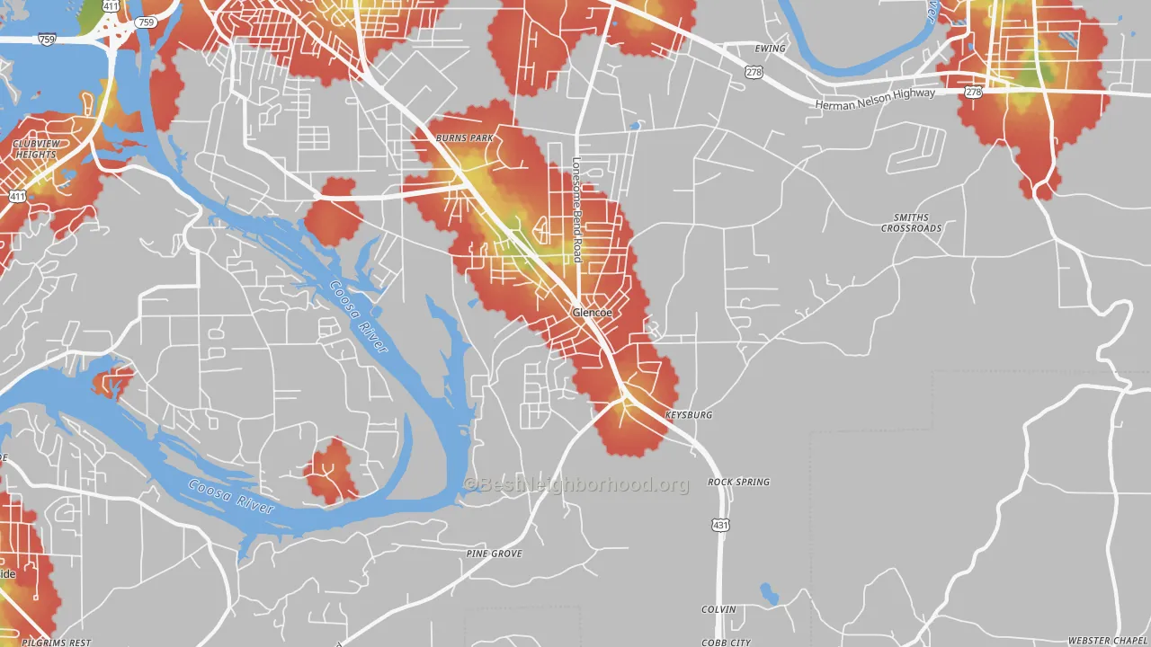 Walk Grade map of Glencoe, AL, walkable areas in green and car-dependent areas in red
