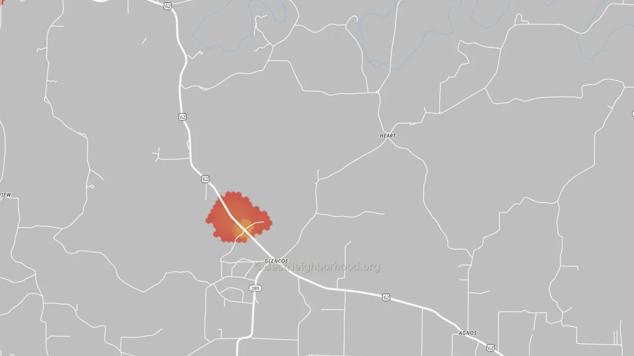 Walk Grade map of Glencoe, AR, walkable areas in green and car-dependent areas in red