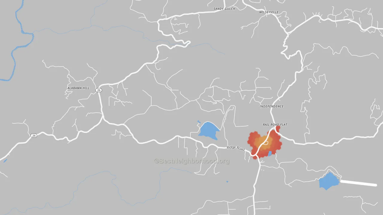 Walk Grade map of Glencoe, CA, walkable areas in green and car-dependent areas in red