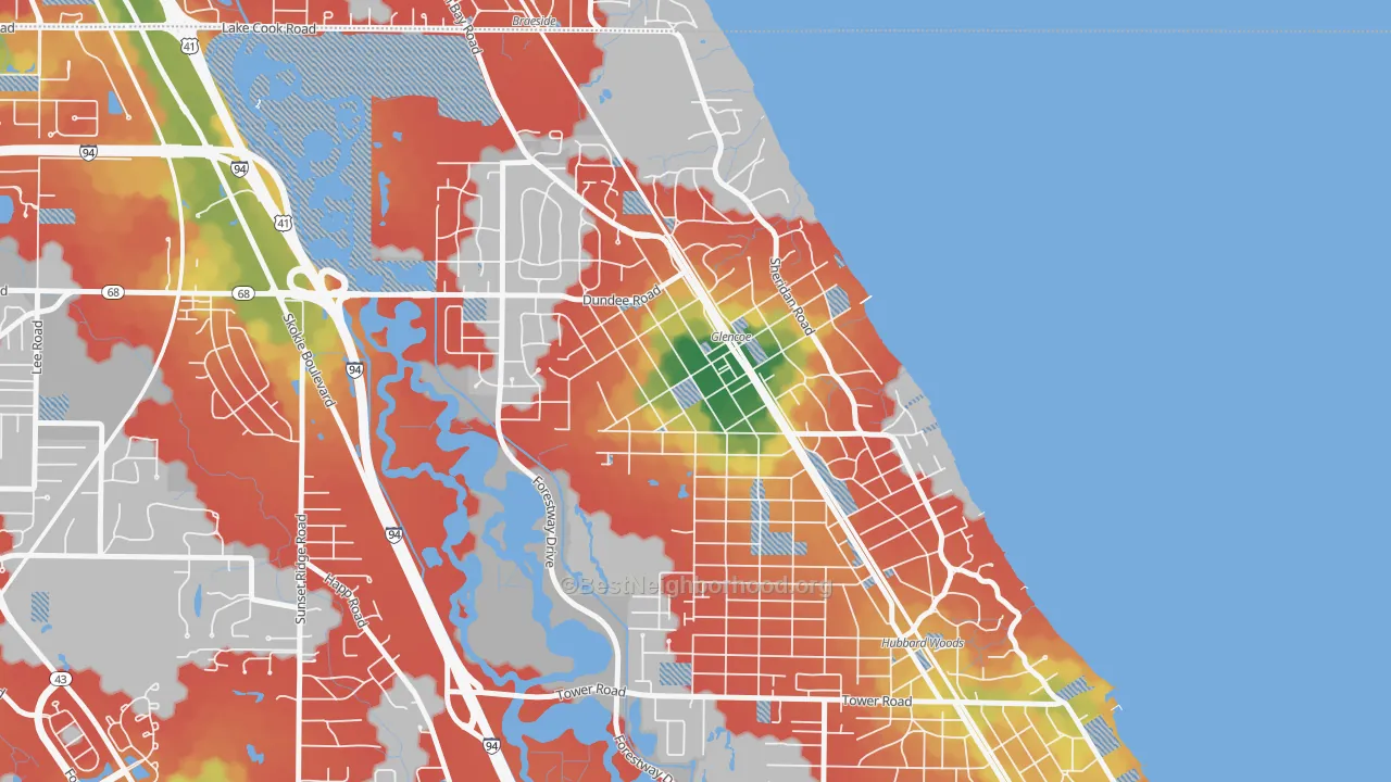Walk Grade map of Glencoe, IL, walkable areas in green and car-dependent areas in red
