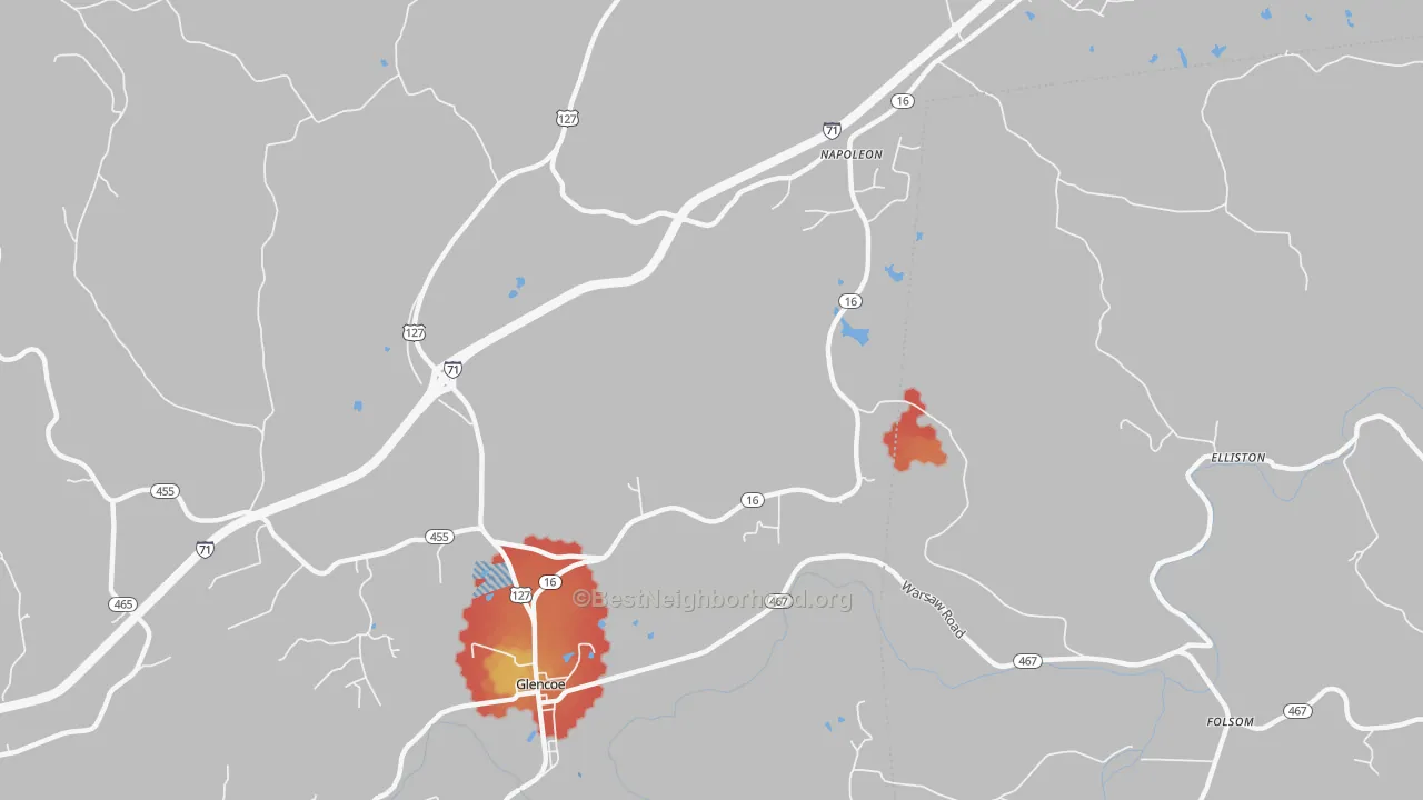 Walk Grade map of Glencoe, KY, walkable areas in green and car-dependent areas in red
