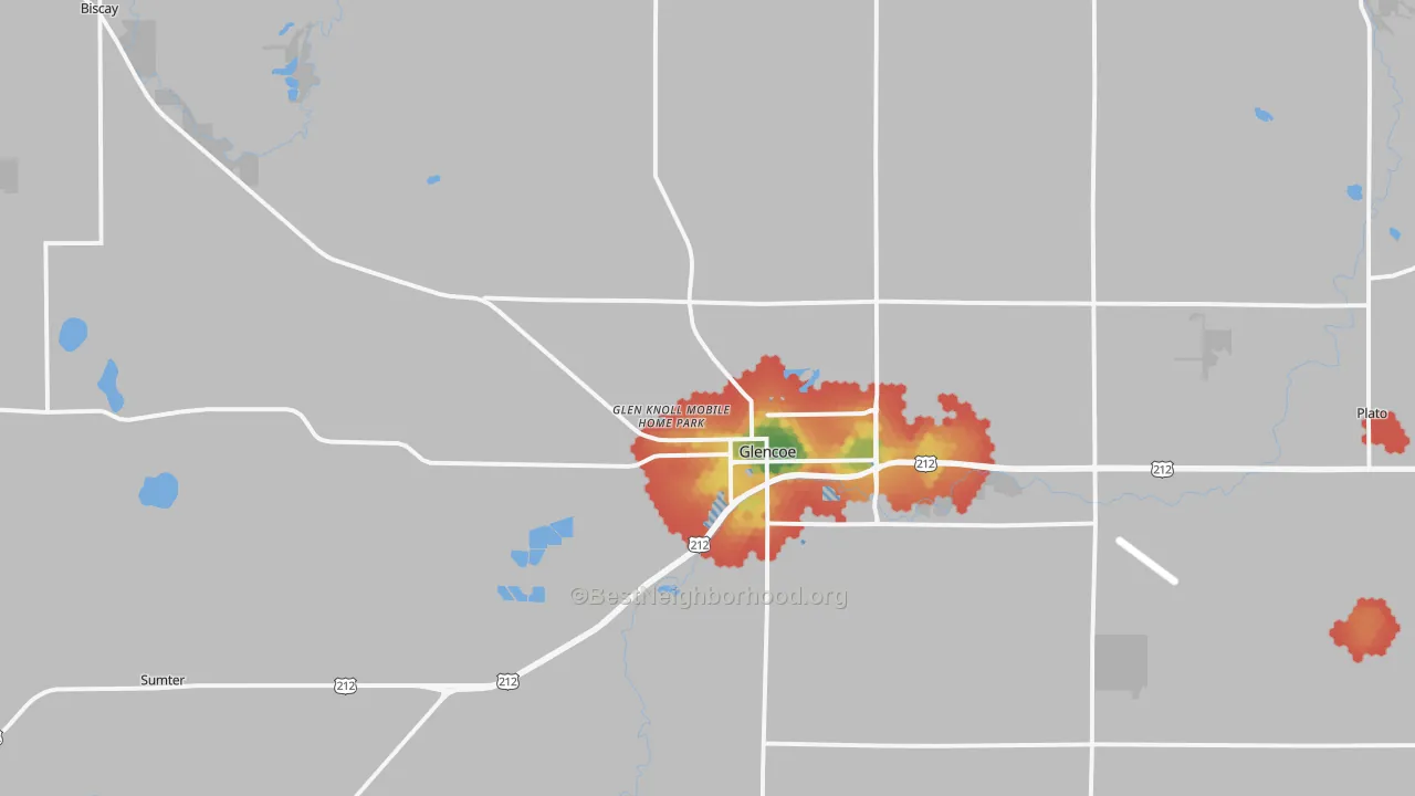 Walk Grade map of Glencoe, MN, walkable areas in green and car-dependent areas in red