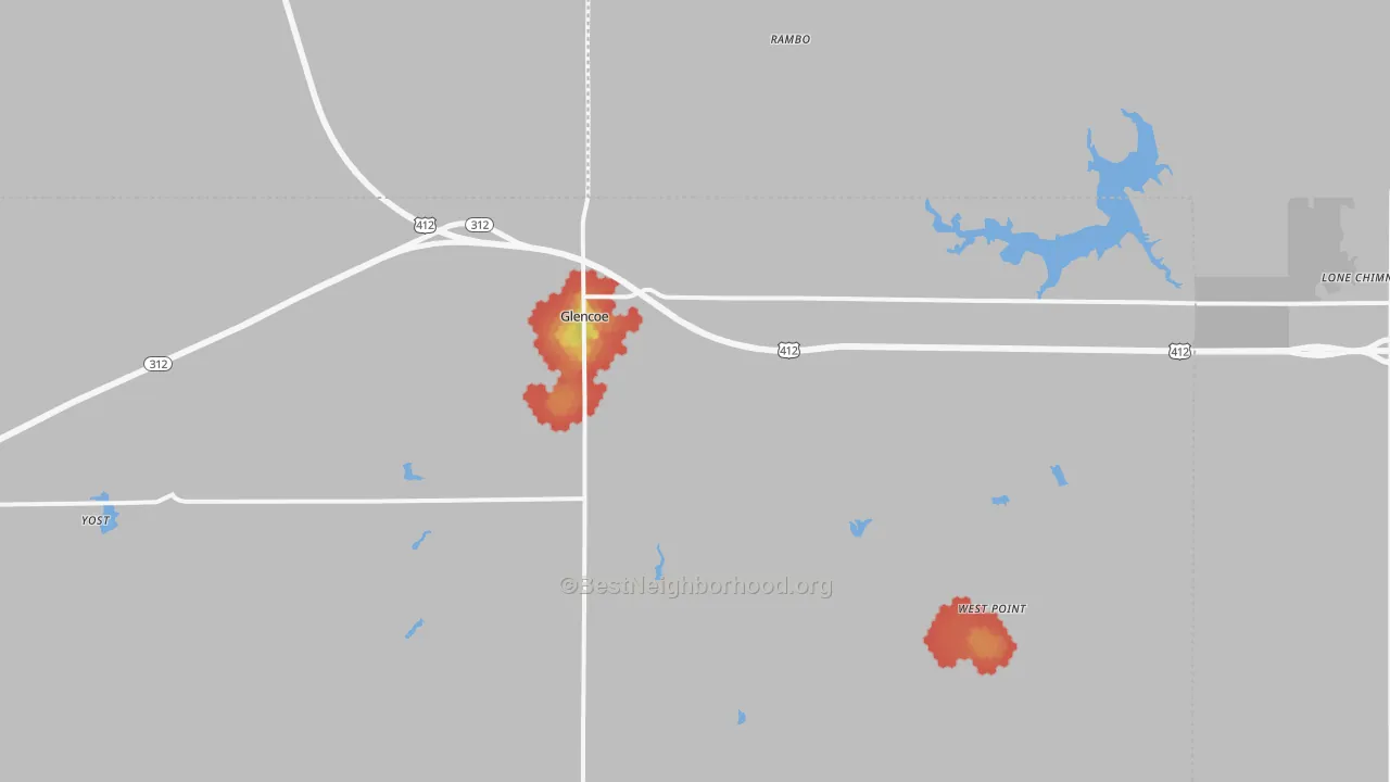 Walk Grade map of Glencoe, OK, walkable areas in green and car-dependent areas in red