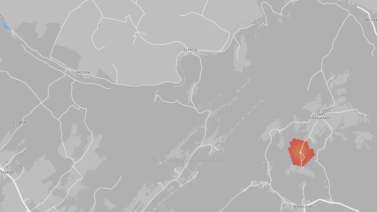Walk Grade map of Glencoe, PA, walkable areas in green and car-dependent areas in red