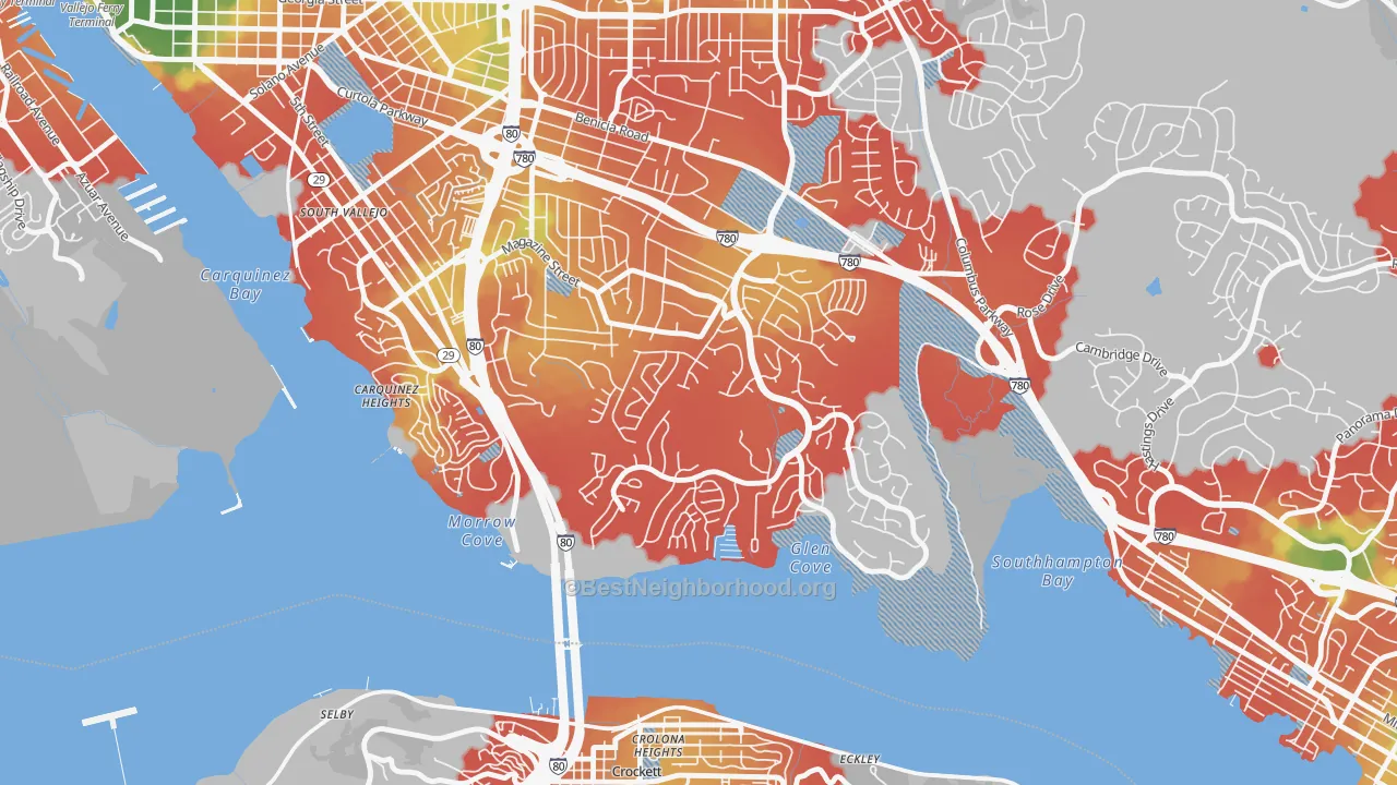 Walk Grade map of Glencove, Vallejo, CA, walkable areas in green and car-dependent areas in red