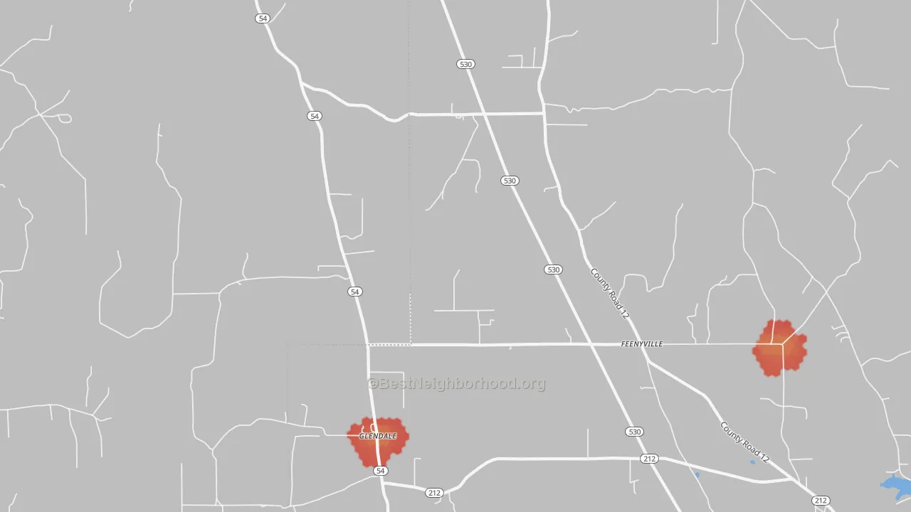 Walk Grade map of Glendale, AR, walkable areas in green and car-dependent areas in red