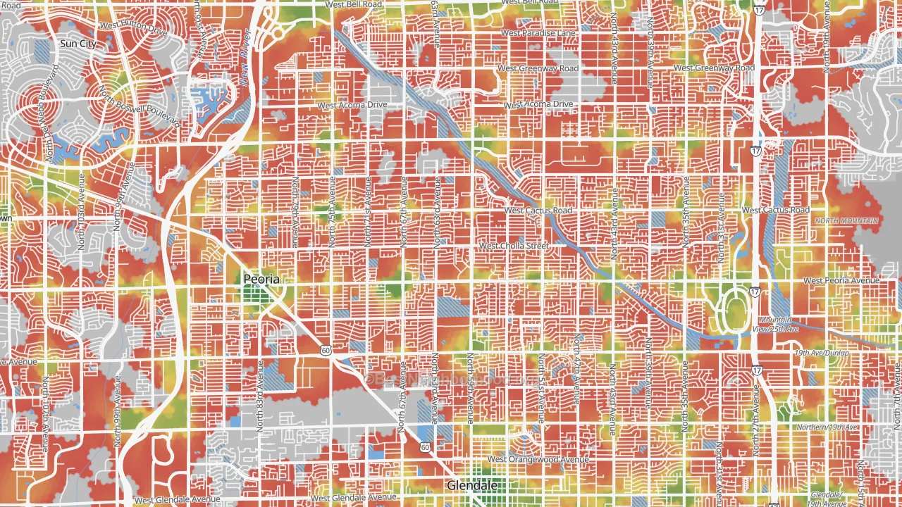 Walk Grade map of Glendale, AZ, walkable areas in green and car-dependent areas in red