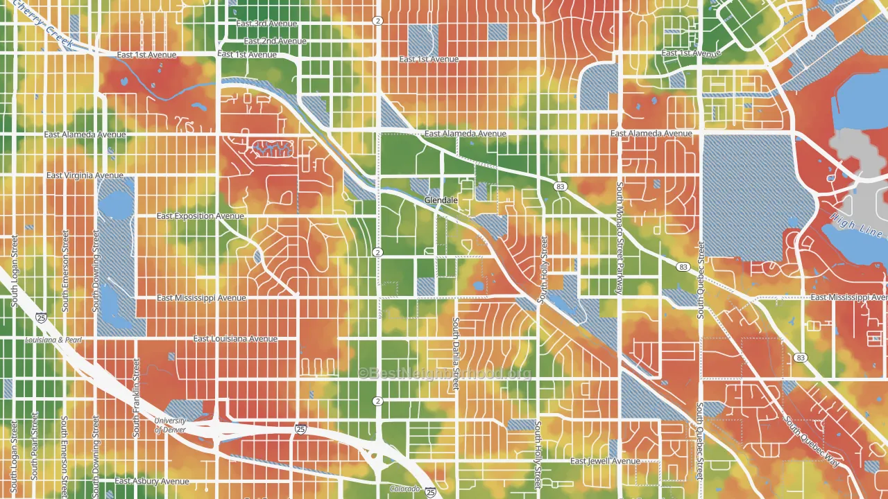 Walk Grade map of Glendale, CO, walkable areas in green and car-dependent areas in red