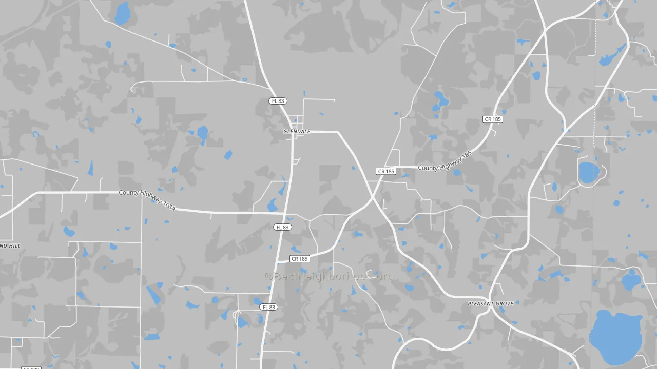 Walk Grade map of Glendale, FL, walkable areas in green and car-dependent areas in red