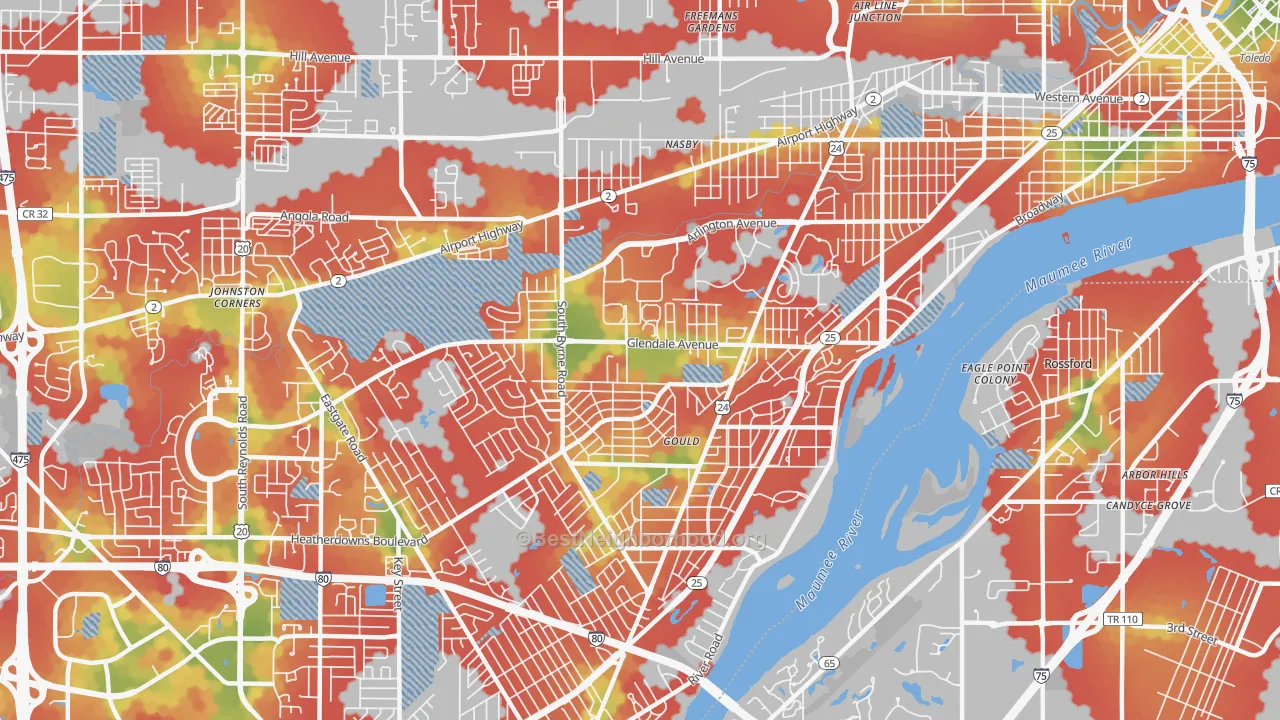 Walk Grade map of Glendale-Heatherdowns, Toledo, OH, walkable areas in green and car-dependent areas in red