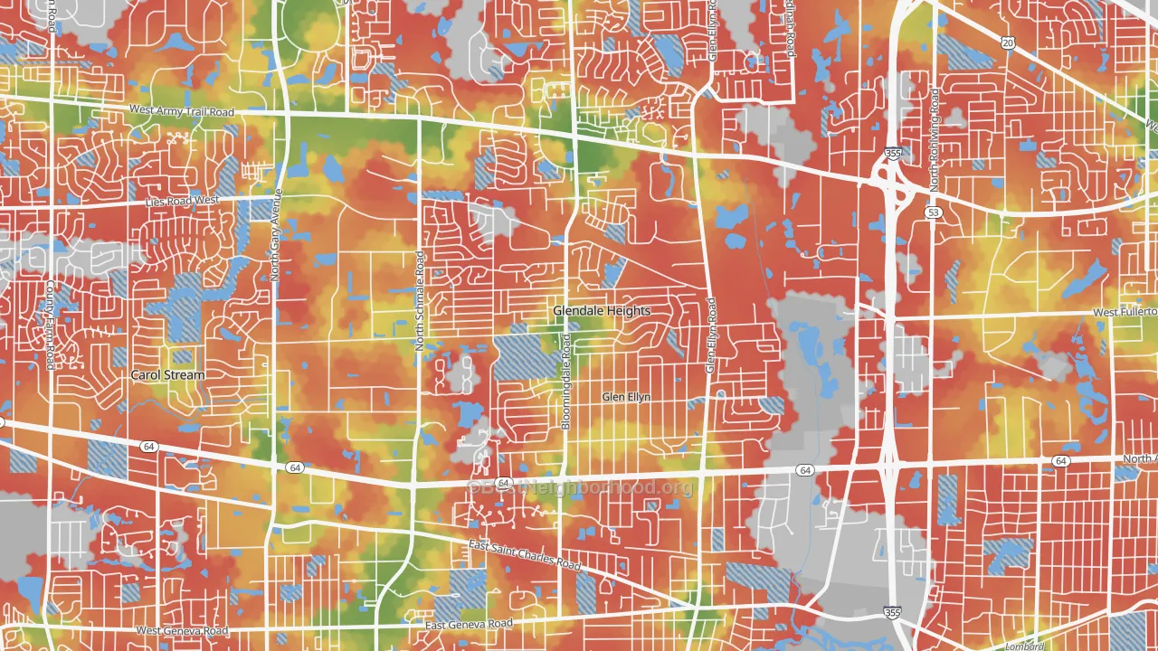 Walk Grade map of Glendale Heights, IL, walkable areas in green and car-dependent areas in red