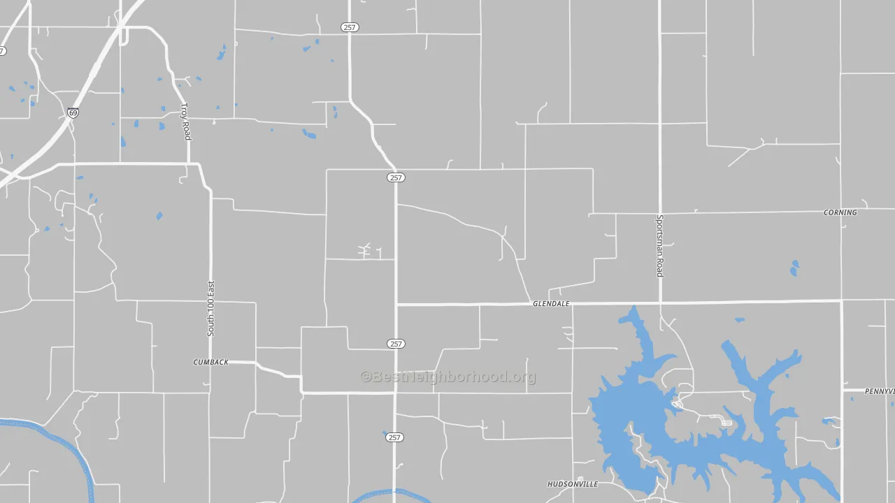 Walk Grade map of Glendale, IN, walkable areas in green and car-dependent areas in red