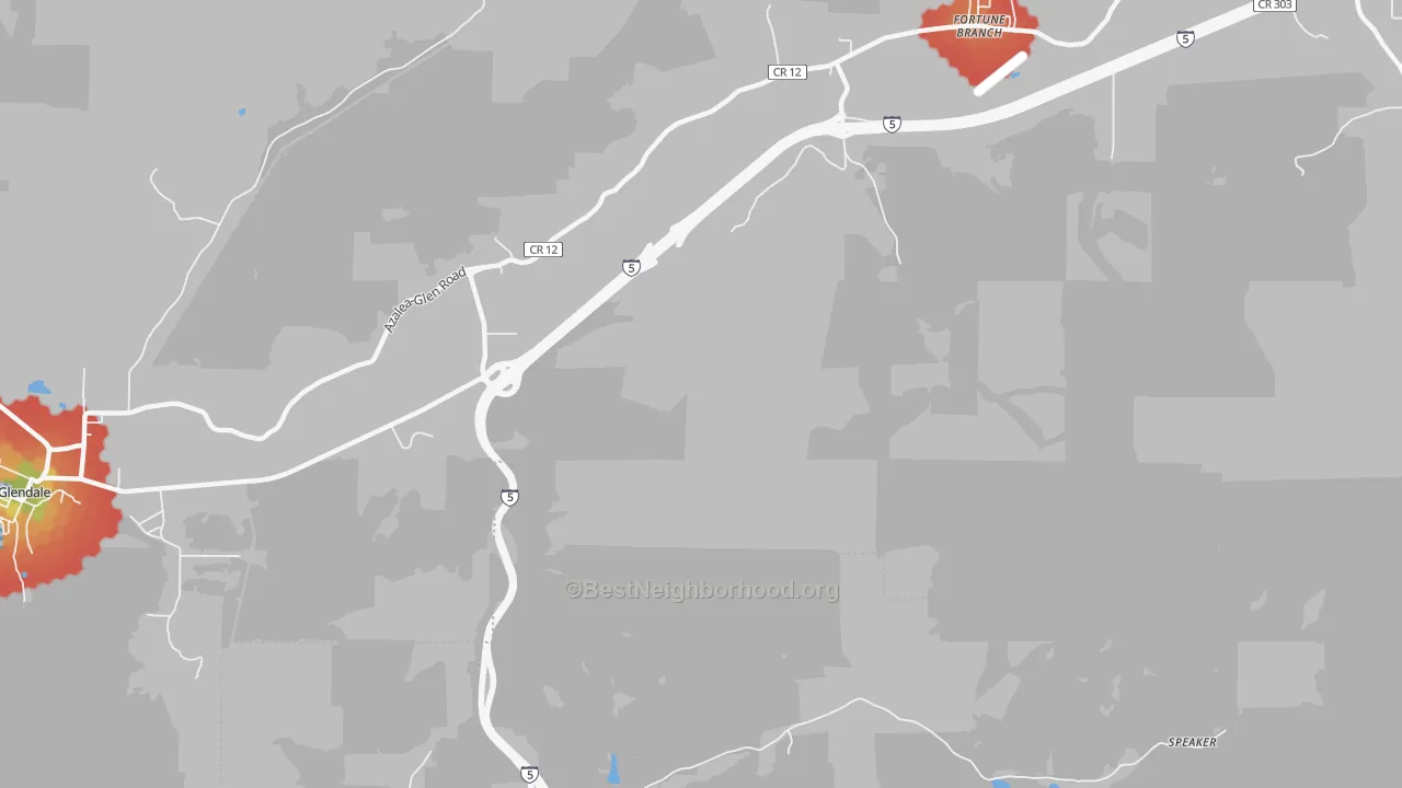 Walk Grade map of Glendale Junction, OR, walkable areas in green and car-dependent areas in red