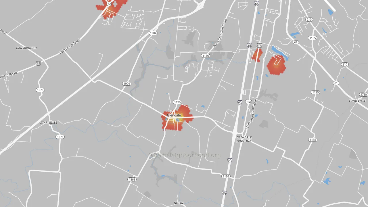 Walk Grade map of Glendale, KY, walkable areas in green and car-dependent areas in red