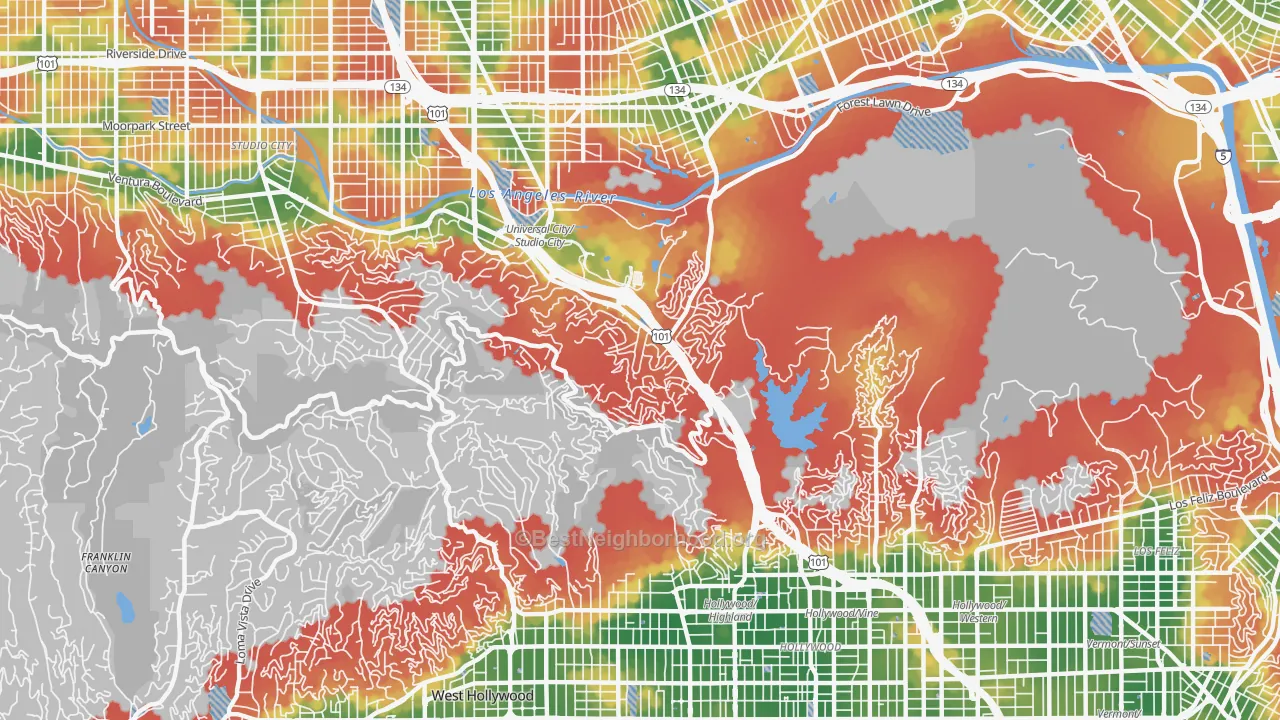 Walk Grade map of Glendale, Los Angeles, CA, walkable areas in green and car-dependent areas in red