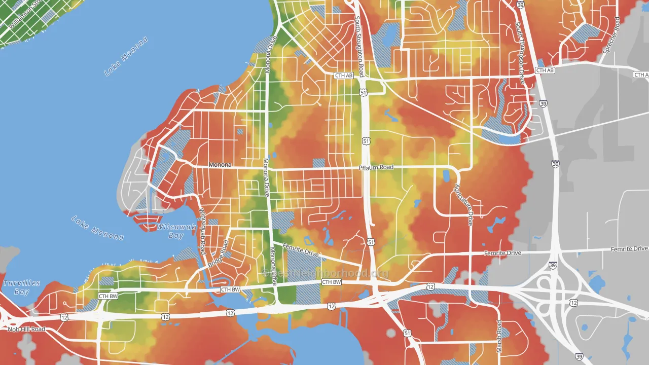 Walk Grade map of Glendale, Madison, WI, walkable areas in green and car-dependent areas in red
