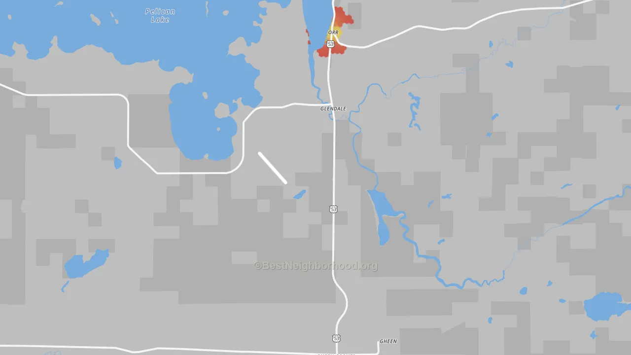 Walk Grade map of Glendale, MN, walkable areas in green and car-dependent areas in red