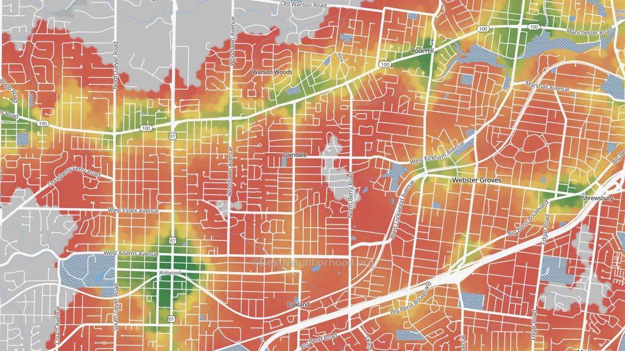 Walk Grade map of Glendale, MO, walkable areas in green and car-dependent areas in red
