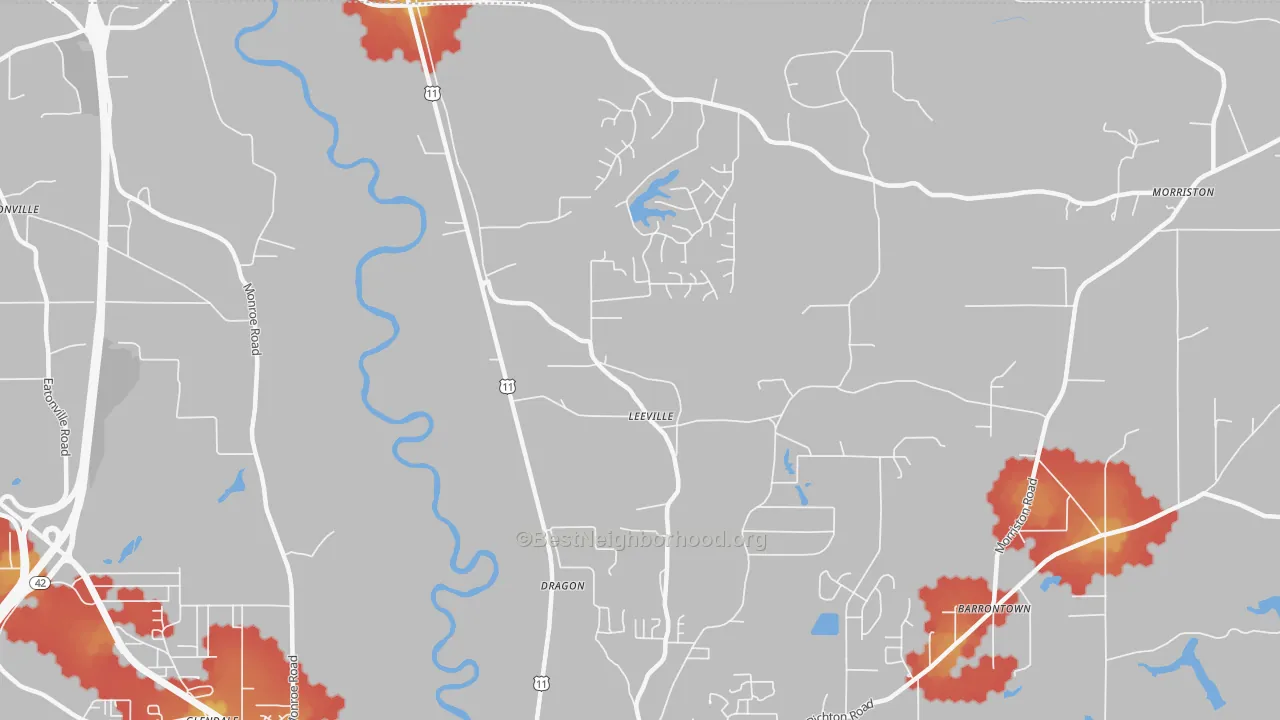 Walk Grade map of Glendale, MS, walkable areas in green and car-dependent areas in red