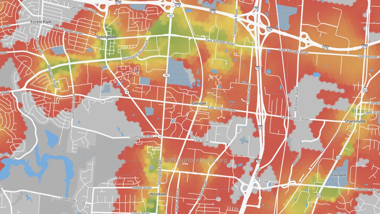 Walk Grade map of Glendale, OH, walkable areas in green and car-dependent areas in red